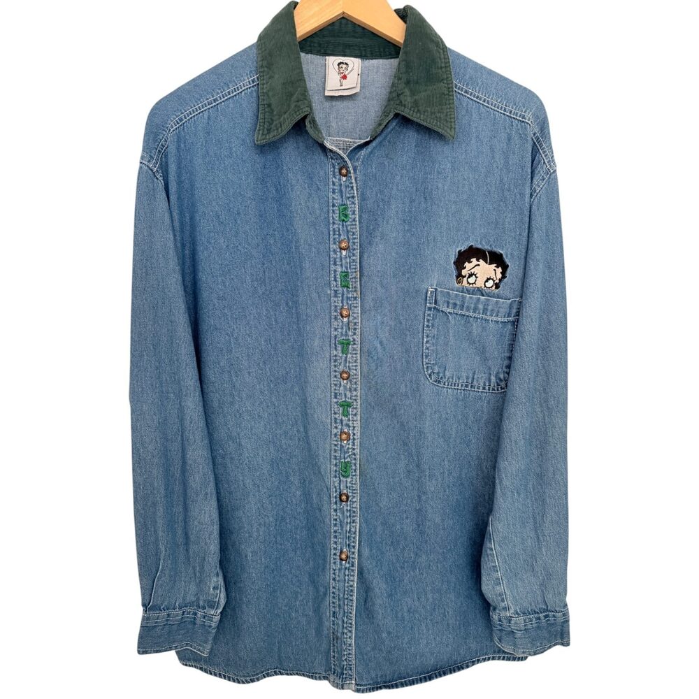 Betty Boop Button-Up Women's L Blue Green Denim Corduroy Collar 90s Y2K